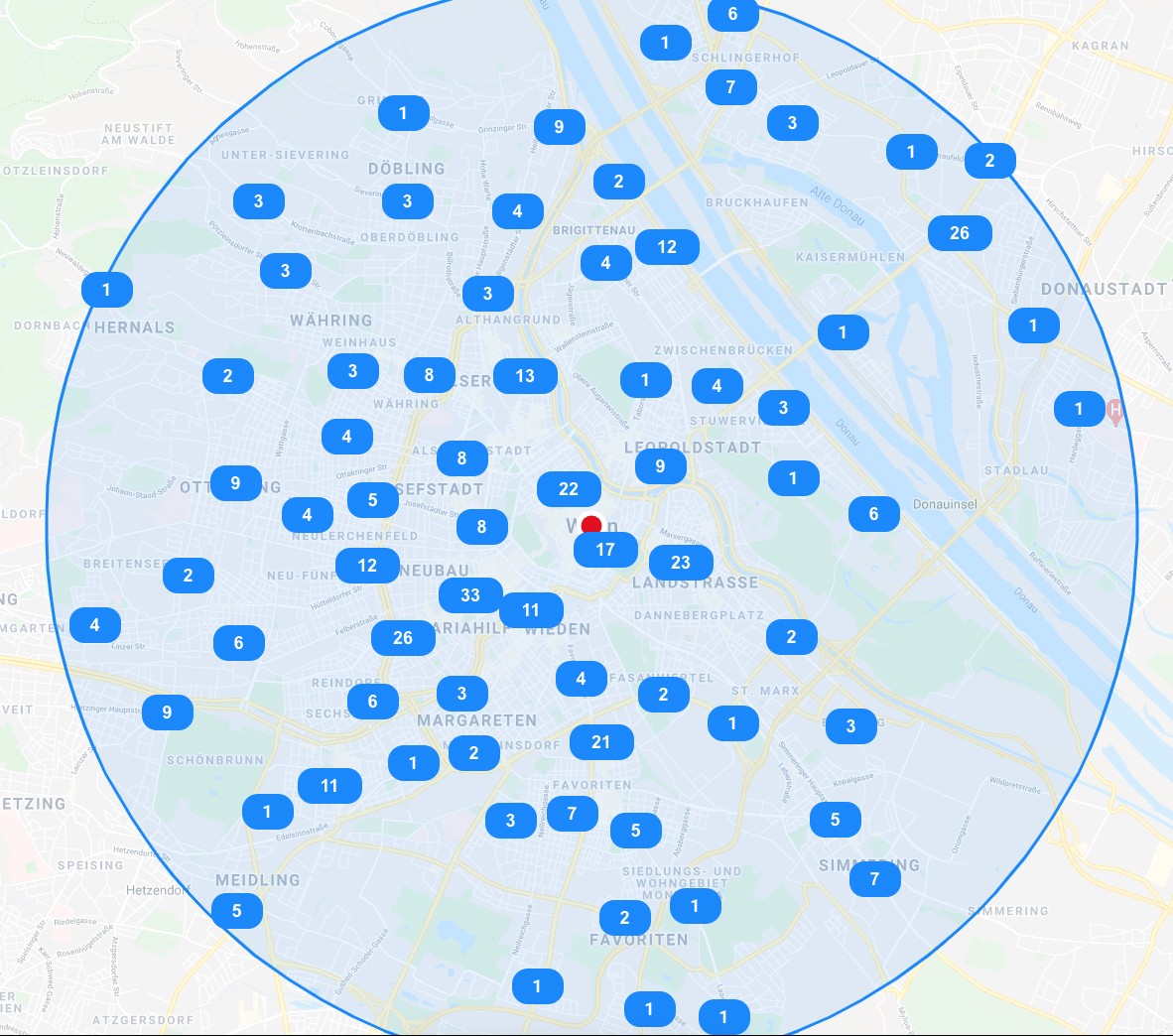 Karte von Wien mit verschiedenen blau eingezeichneten Standorten